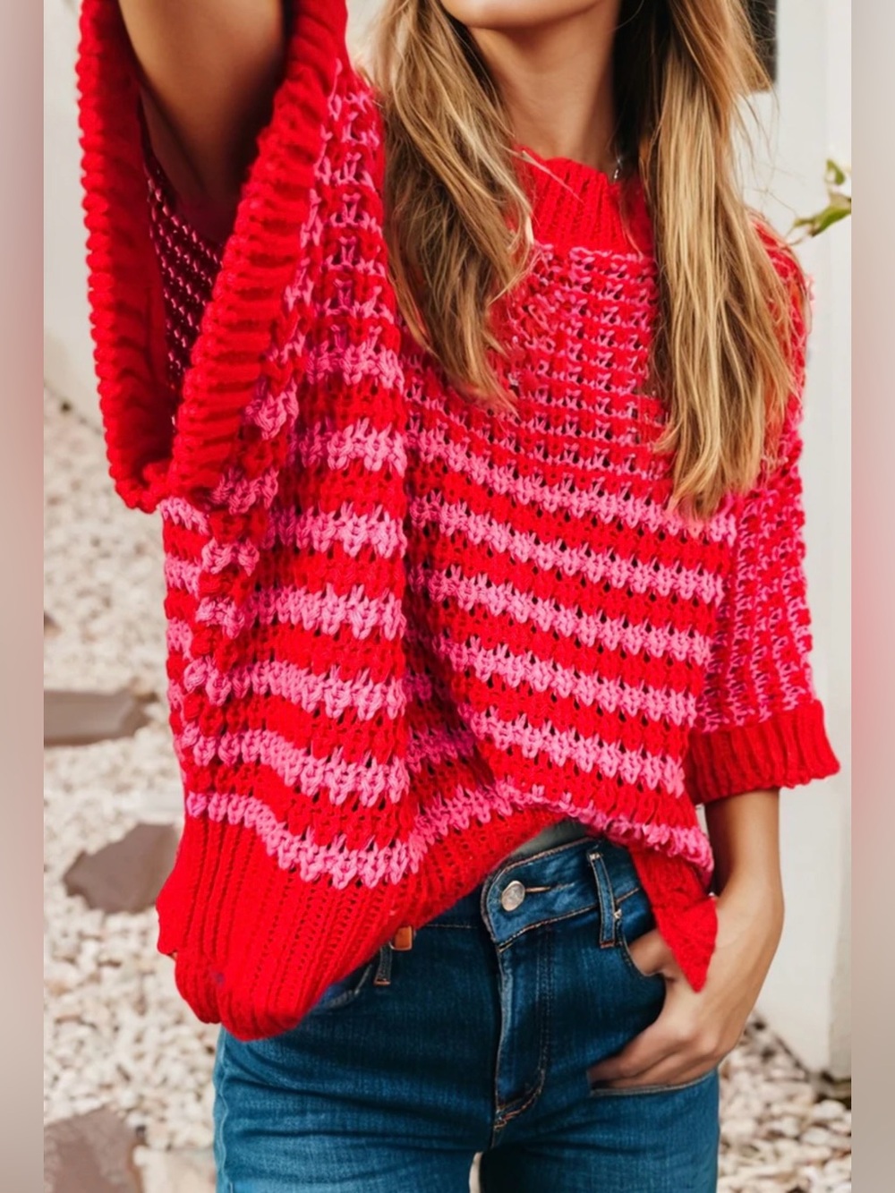 Red and Pink Striped 3/4 Length Sleeve Sweater Size Large EUC
